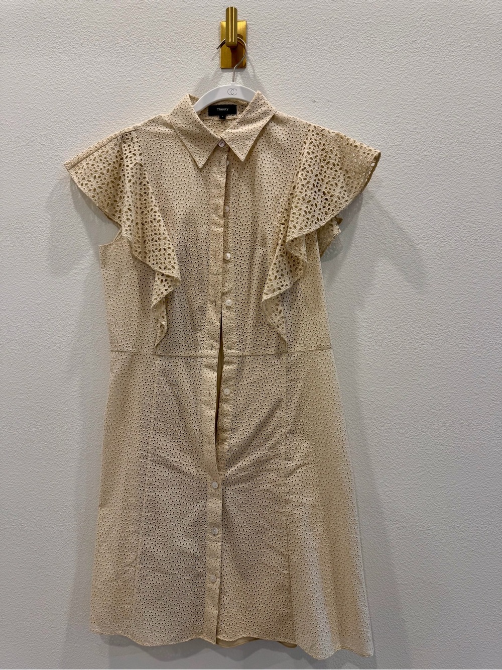 Theory Beige Eyelet Ruffle Shirt Dress